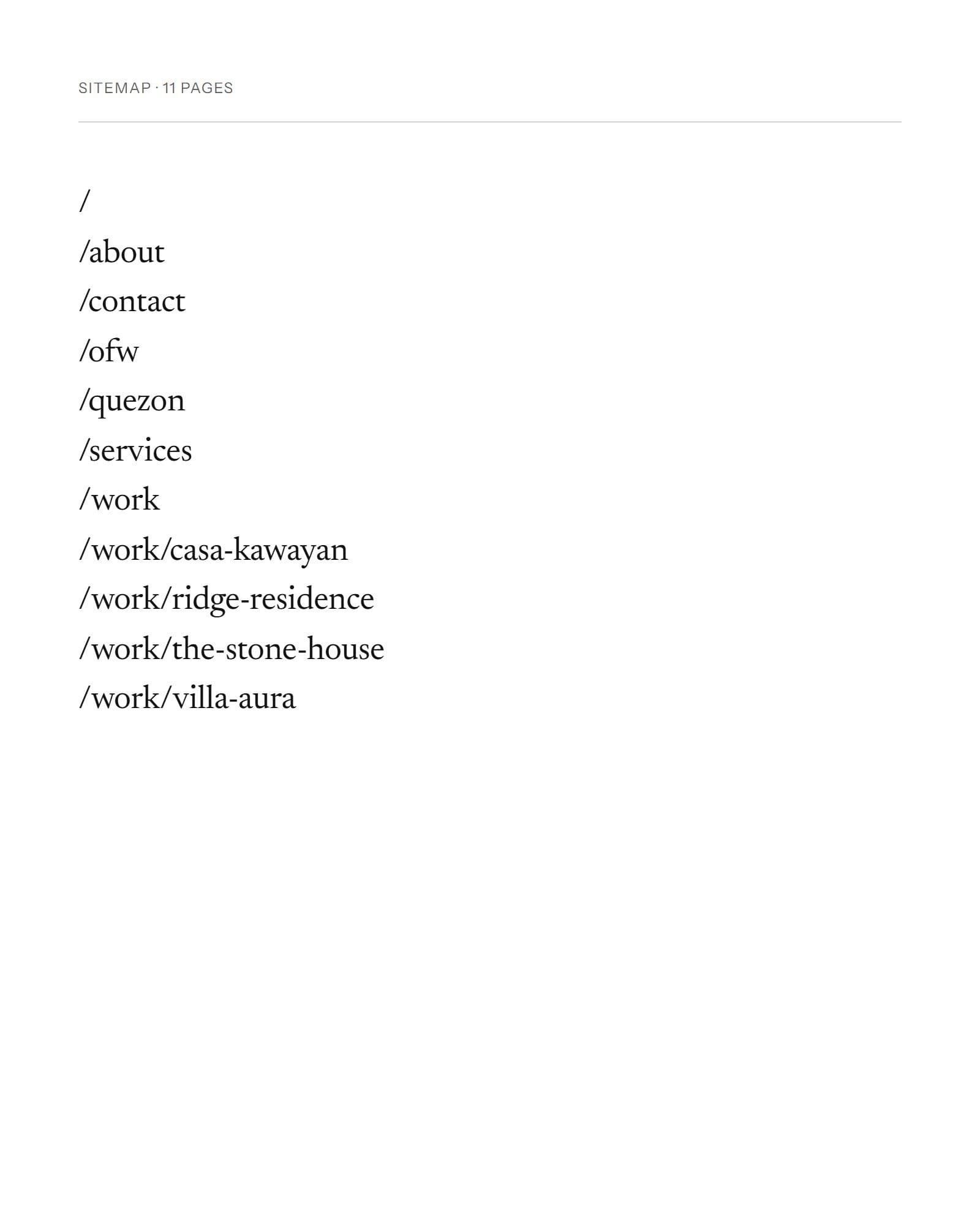 The eleven page paths of the Zyris site, read from its live sitemap