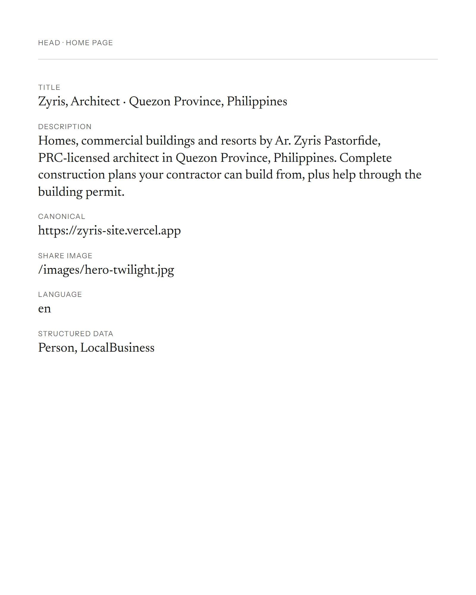 The Zyris home page's head, read from the live site: its title, its full description, the canonical address, the share image, the language and the structured data types, Person and LocalBusiness